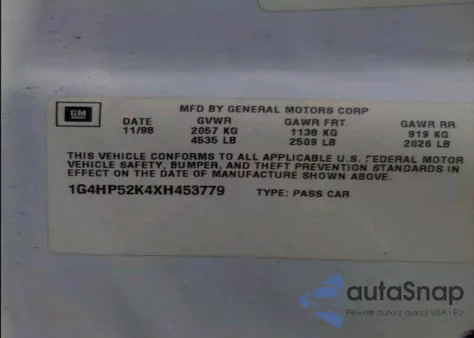 1999 Buick Lesabre Custom из США, поврежденный, VIN 1G4HP52K4XH453779